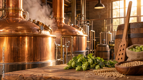Warm Copper Brewery Still Life With Hops and Steam