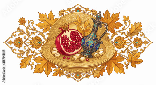Persian Mehregan Autumn Harvest Split Pomegranate and Rosewater Vector