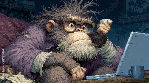 Pixel Art Illustration of a Smart Monkey wearing Glasses Working on a Laptop