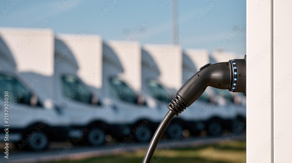 Obraz premium Electric vehicle charging cable plugged into station with