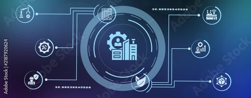 Workforce management and business operations workflow with connected digital service icons.