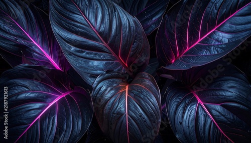Dark Tropical Leaves with Glowing Pink Magenta Veins Macro Texture Background Full Frame Close Up Abstract Banner