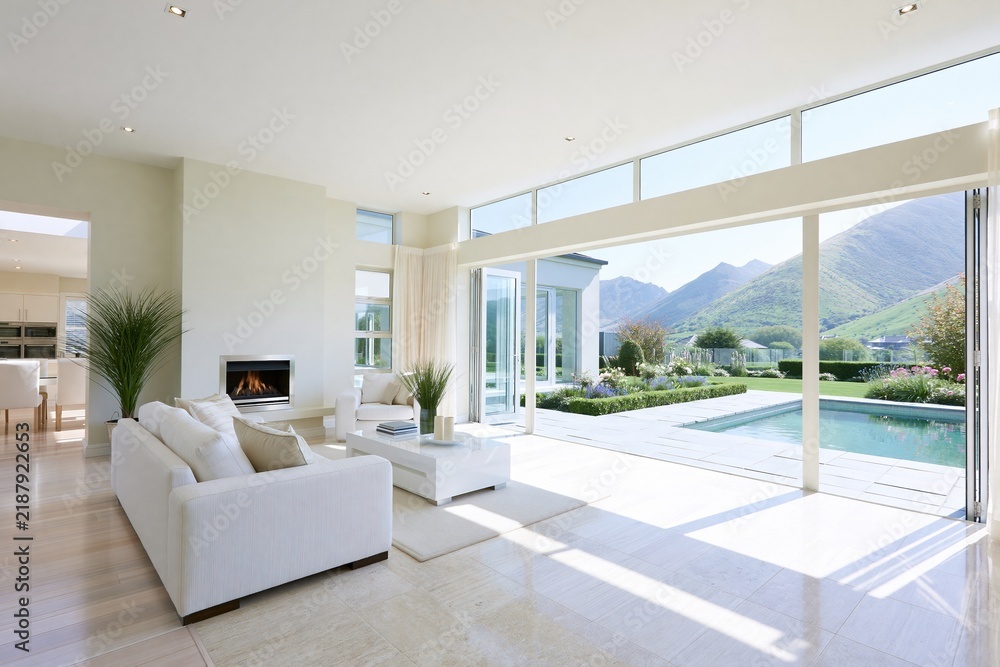 Obraz premium Bright modern living room with open doors to