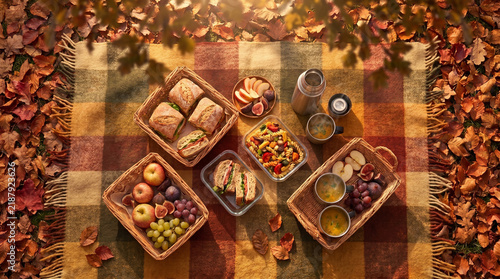 Overhead View of Cozy Autumn Picnic Spread with Sandwiches Fruit Baskets and Thermos
