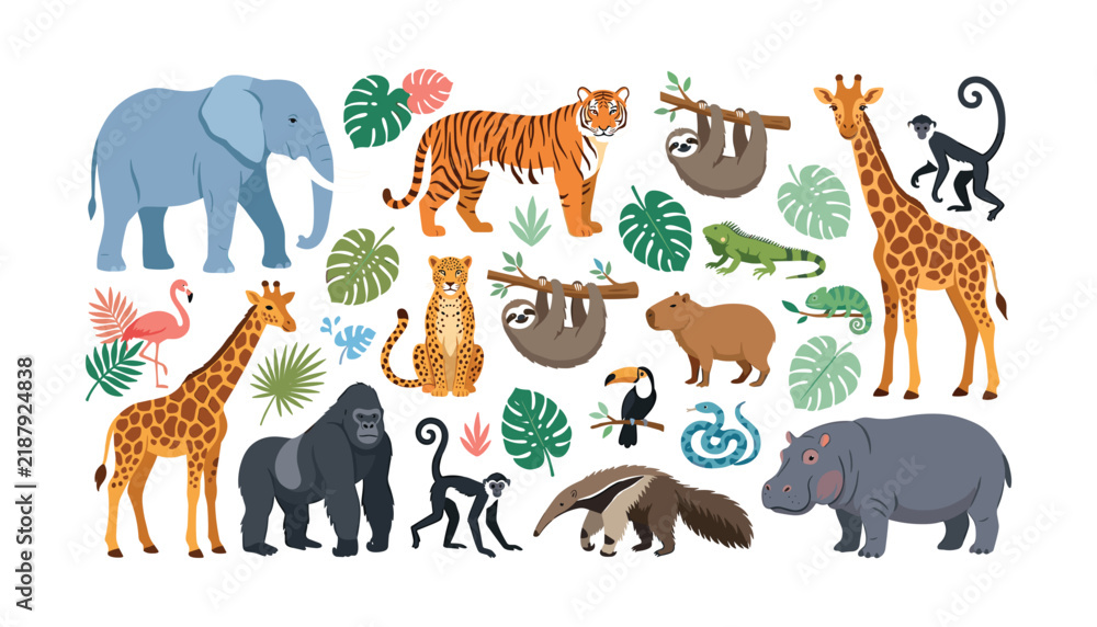 Obraz premium Vector collection of wild tropical jungle animals safari wildlife and exotic monstera palm leaves isolated on white background