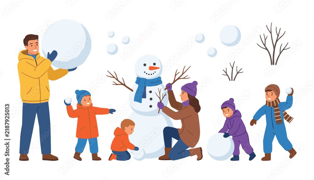 Fototapeta premium Winter Family Outdoor Activity Vector Illustration Set Featuring Parents And Kids Building Snowman Throwing Snowballs And Having Fun In Snow