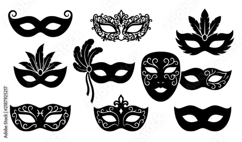 Carnival masquerade mask black silhouette icon set vector collection