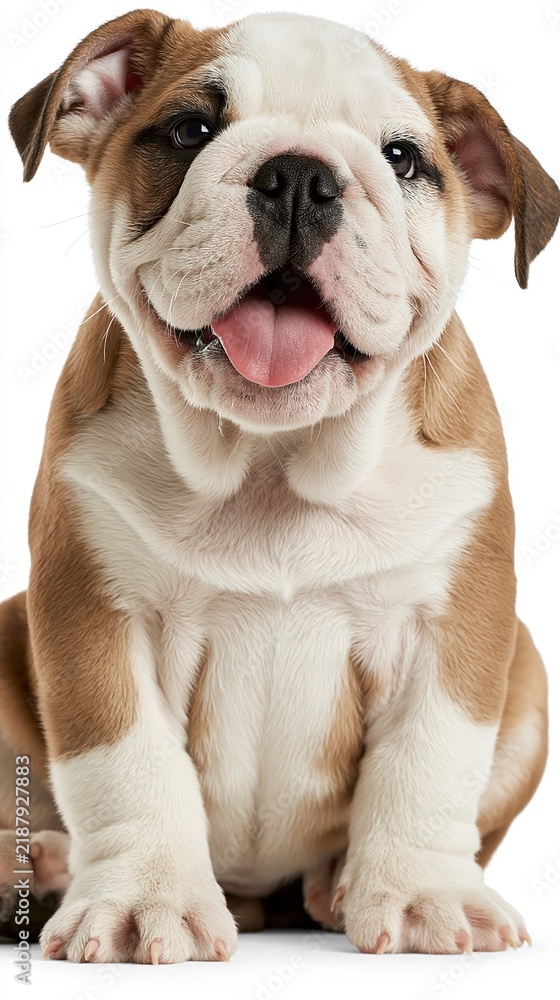 Obraz premium Happy brown and white bulldog puppy sitting on