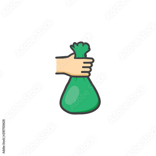 Vector icon design of a hand holding a bag, representing the act of donating or disposing of trash.
