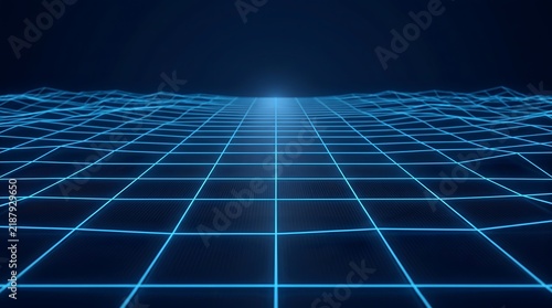 Blue wireframe grid landscape in digital cyberspace virtual reality background
