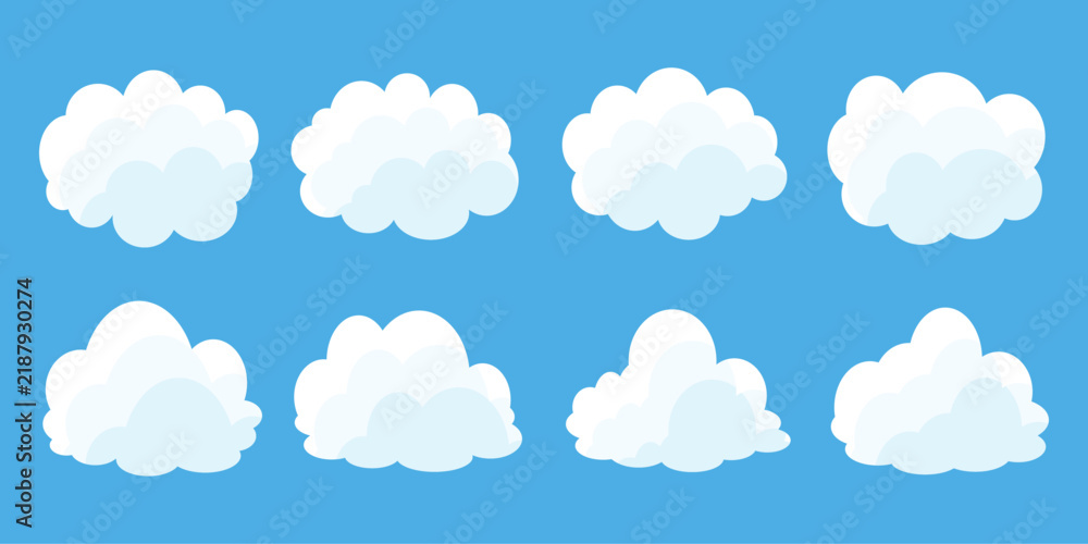 Fototapeta premium set of vector illustrations of clumpy clouds, cloud bubbles in flat style on a blue background