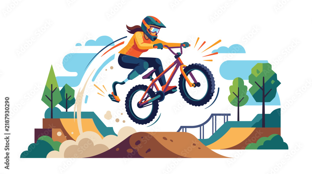 Obraz premium Vector illustration of an adaptive female BMX rider with a prosthetic leg performing a jump on a dirt track at a skatepark, wearing a helmet and goggles for safety.