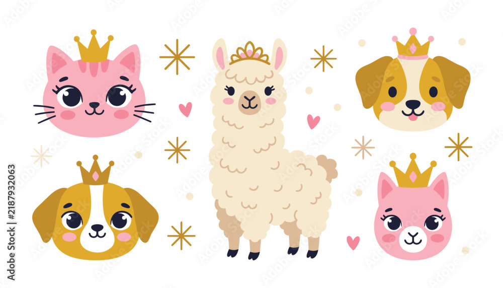 Fototapeta premium Cute Princess Animal Vector Set with Llama Cat and Dog Characters Wearing Golden Tiara Crowns and Sparkles for Childish Graphic Design Elements