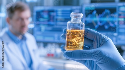 Scientist Holding Vial of Liquid in Modern Research Laboratory