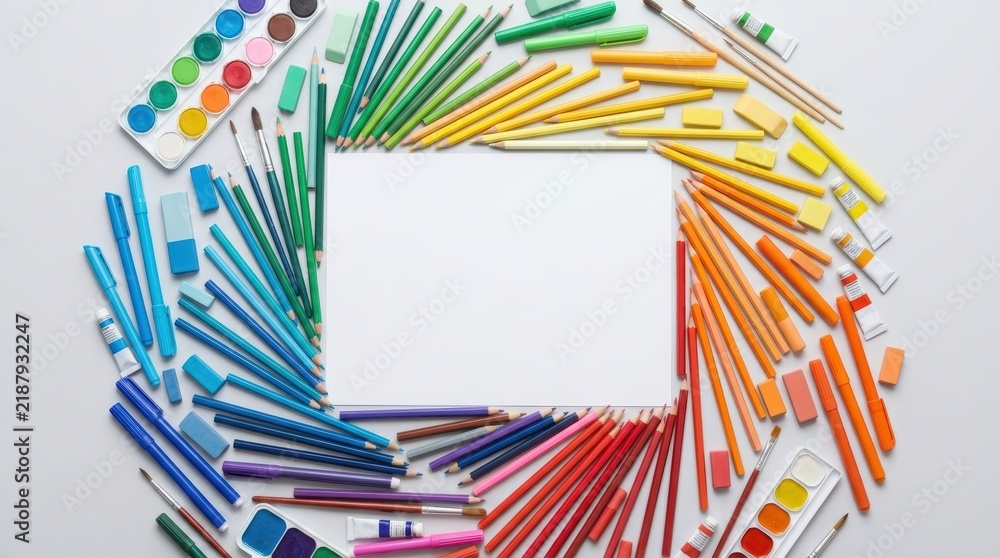 Fototapeta premium Art supplies arranged in a colorful spiral around blank paper