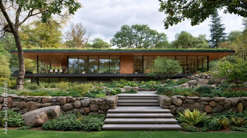 Modern Sustainable Villa with Green Roof and Stone Garden