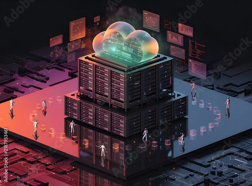 Plakat Futuristic cloud computing infrastructure with server racks and glowing digital data streams
