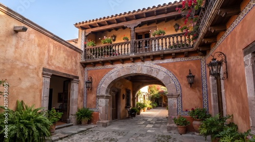 Colonial Courtyard Architecture with Stone Archway and Balcony at Residence