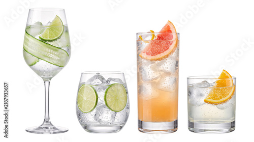 Assortment of four refreshing gin and tonic isolated on png transparent background
