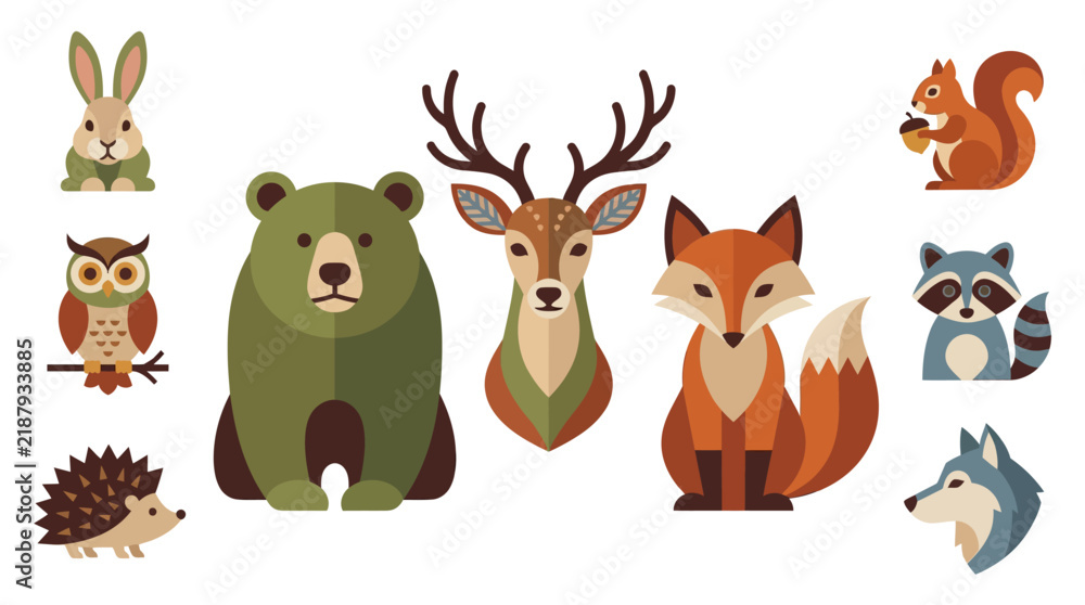 Obraz premium Collection of flat vector illustrations featuring forest animals like a bear, deer, fox, owl, squirrel, and raccoon. Minimalist geometric design suitable for logos or icons.