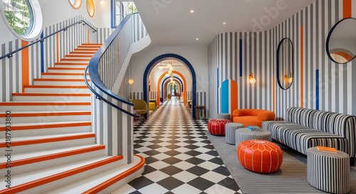 Modern Boutique Hotel Lobby Interior Featuring Vibrant Orange and Blue Striped Decor with a Grand Curved Staircase and Chequerboard Flooring