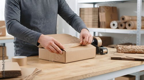 Warehouse Worker Packing Cardboard Box for Shipment Dispatch Operation