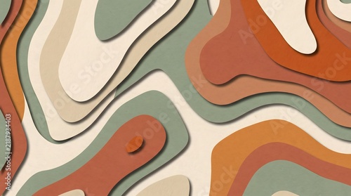 Abstract paper cut background with smooth wavy layers in warm terracotta and pastel tones