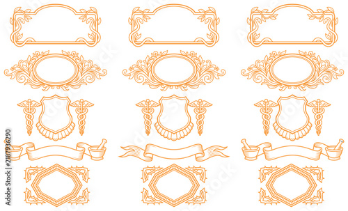 Antique frame and emblem border set featuring medical caduceus symbols and nature elements.