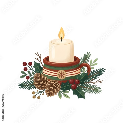 Christmas candle in a decorated mug with pine cones and berries