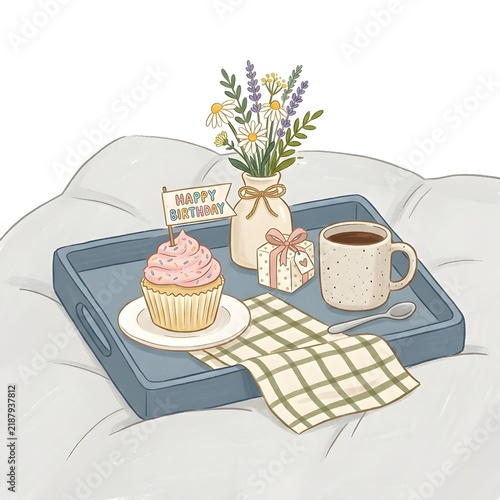 Birthday breakfast tray in bed with cupcake, coffee, and flowers
