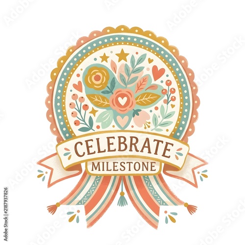 Celebrate Milestone badge with flowers and ribbons in retro style