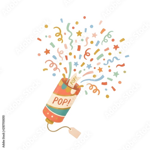 Party popper bursting with colorful confetti and streamers