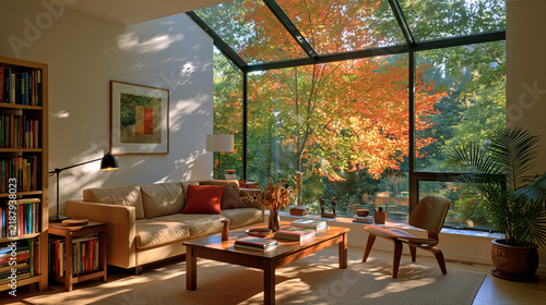 Cozy modern living room filled with autumn sunlight, featuring panoramic sloped roof windows and colorful fall foliage outside.