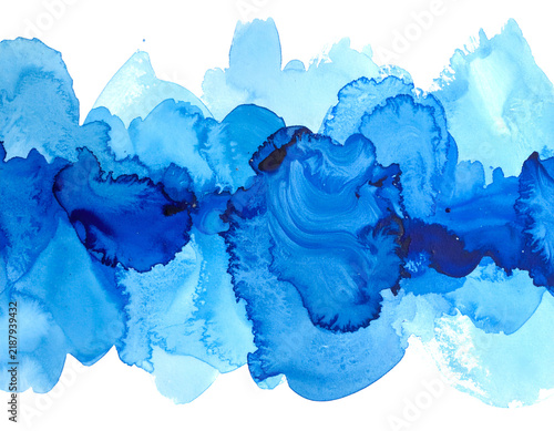 Abstract flowing blue watercolor paint strokes texture border, cool water splash background