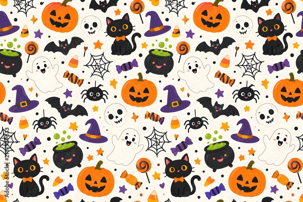 Obraz premium Cute Halloween Seamless Pattern with Black Cats, Pumpkins, Ghosts, Bats, Spiders and Witch Hats. 