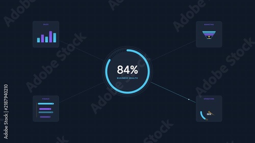 Data Cascade Business Health System Dashboard Vector UI Concept with Connected Analytics Modules