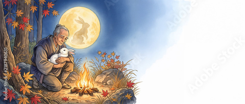 Japanese moon rabbit folktale for Tsukimi with disguised divine traveler gently holding the rabbit beside a fire, watercolor harvest moon scene with copy space