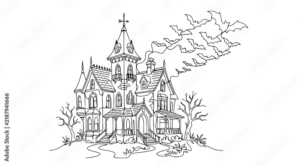 Naklejka premium Haunted House with Bats Flying Out - Line Art Illustration