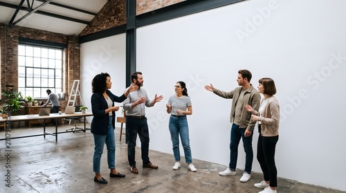 Business team standing together around whiteboard during strategy brainstorming session