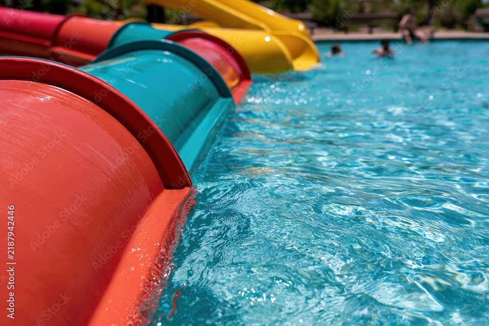 Obraz premium Colorful water park slides curving into clear blue pool on a bright summer day