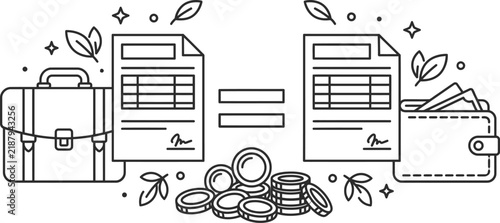 Equal Pay Day concept with business documents and coins in a line art vector style.