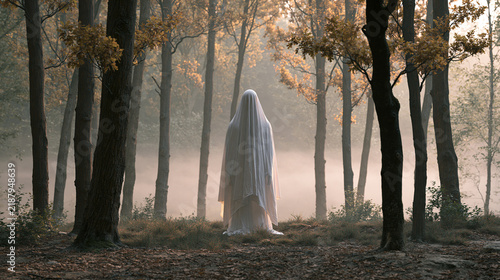 Mysterious ghost figure wearing a white sheet stands silently within a misty autumn forest during the golden light of sunrise