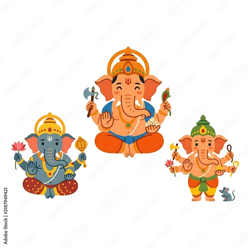Naklejka premium Cute Ganesha Cartoon Characters for Ganesh Chaturthi Festival