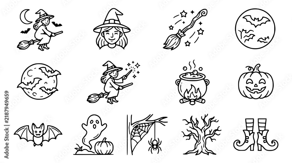 Obraz premium Halloween Icons Set: Witch, Broom, Bat, Pumpkin, Ghost, Cauldron, Spider, Tree
