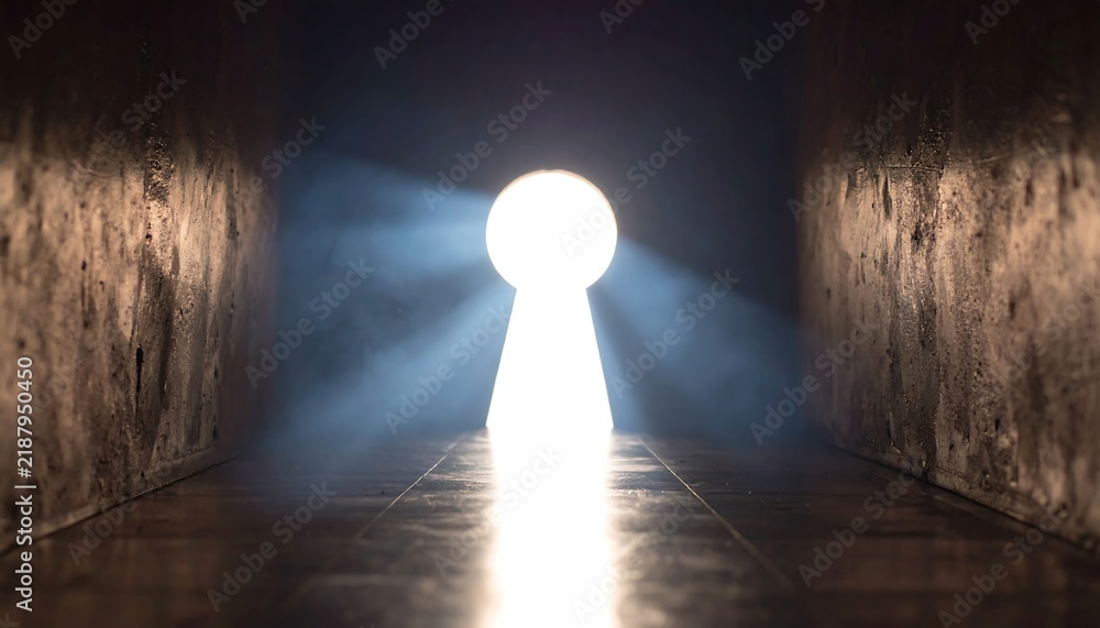 Fototapeta premium Bright light illuminating through a keyhole in empty space
