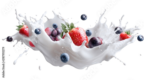 Fresh strawberries and blueberries splashing in white milk, isolated on a solid black liquid