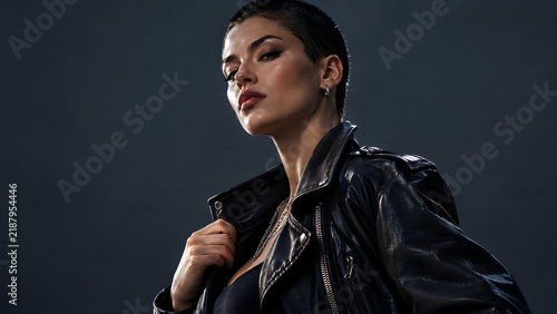 Fierce Woman with Buzz Cut and Leather Jacket, Edgy Female Portrait and Alternative Fashion