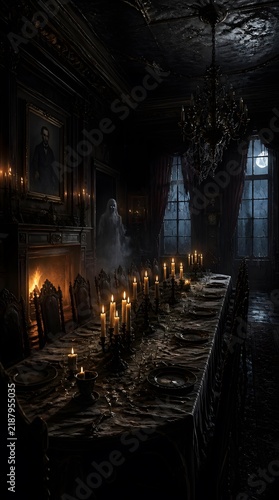 Spooky Haunted Dining Room with Ghost and Candles