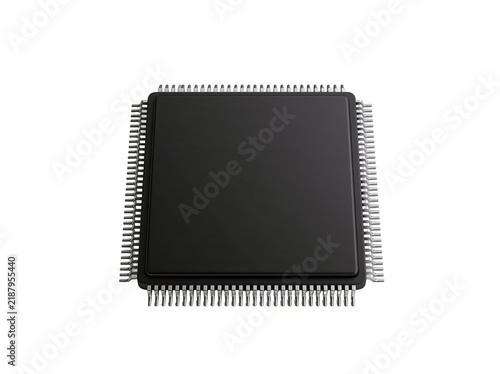 Black integrated circuit microprocessor chip isolated on a white background