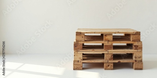 Rustic wooden pallet arrangement on a minimalist white surface, bathed in soft natural light